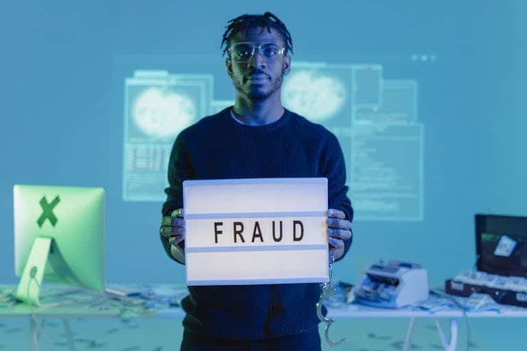 Man holding a 'FRAUD' sign in a tech setting, symbolizing cybersecurity threats.